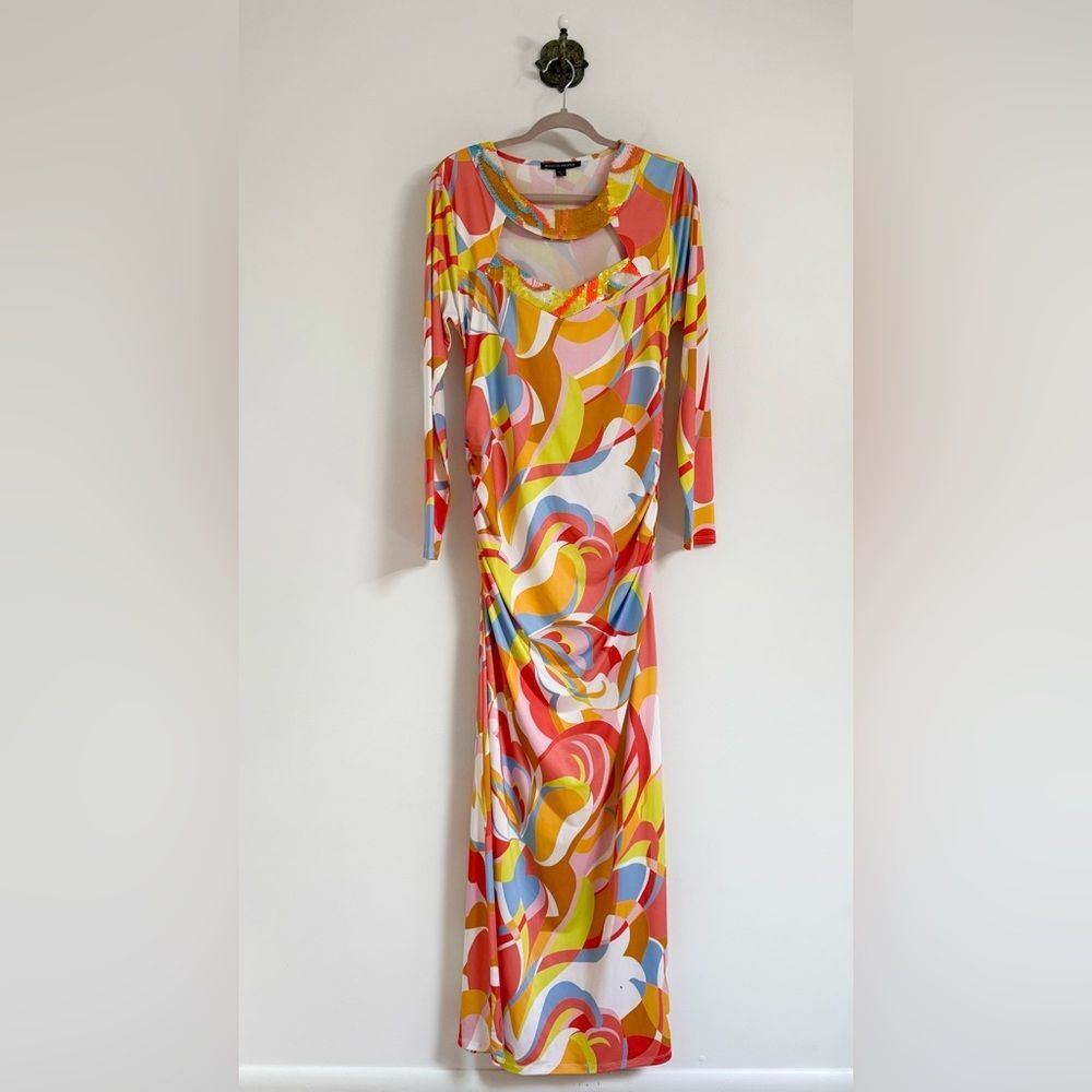 Boston Proper Multicolor Swirl Sequin Cutout Ruched Maxi Dress Women’s Large NWT